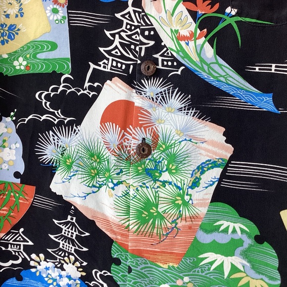 Vtg Avanti Silk Hawaiian Shirt Black Pagoda Med - Picture 6 of 11